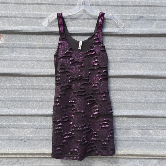 Sexy Metallic Purple Slasher Rhinestone Bodycon Mini Yoyo5 Dress - Picture 13 of 17